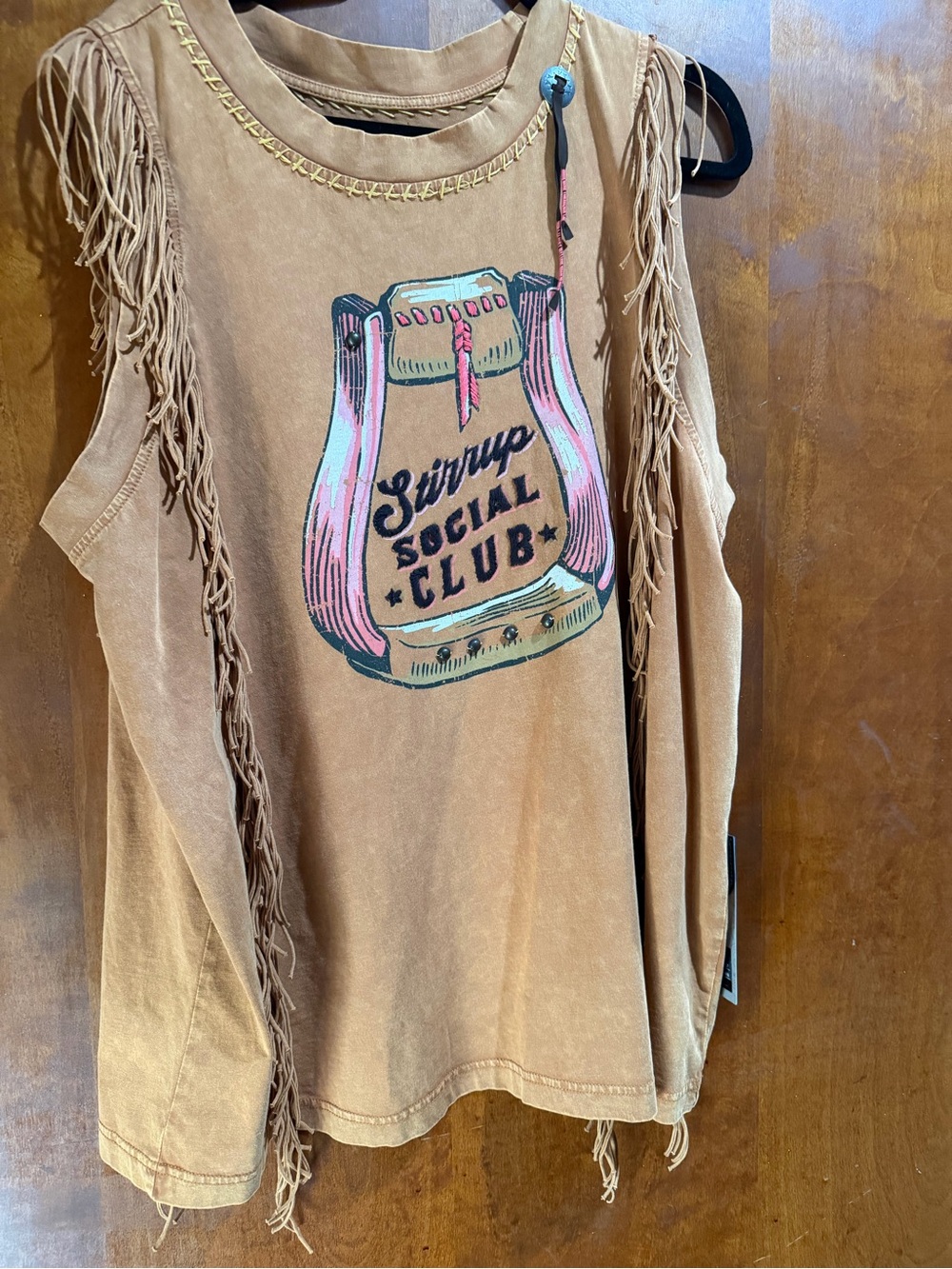Double D Ranch Tan Fringe Graphic Tank with Pink & Teal Accents